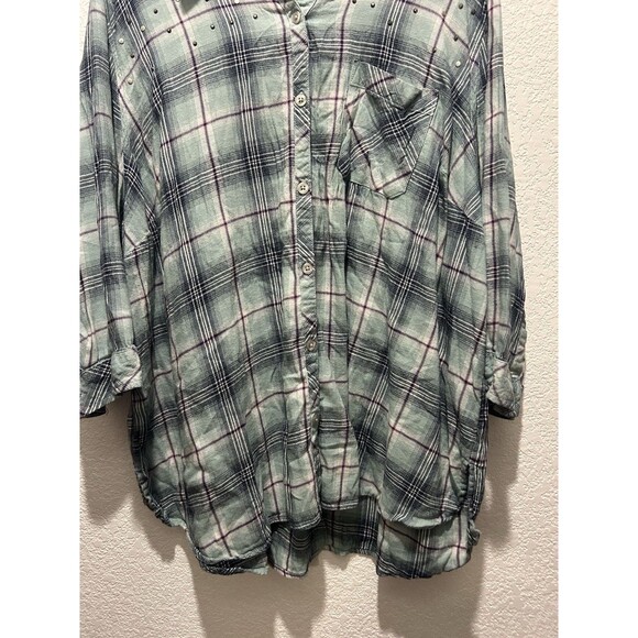 Catherines Button Up Shirt Womens 3X Blue Plaid Rhinestones Lightweight Beachy - Picture 5 of 7